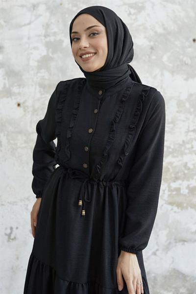 Fırfırlı Detay Düğmeli Siyah Ayrobin Elbise