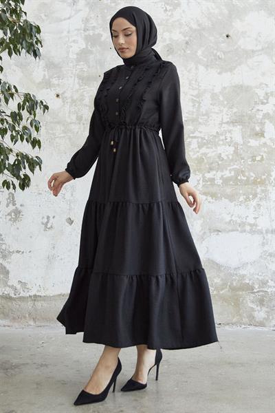Fırfırlı Detay Düğmeli Siyah Ayrobin Elbise