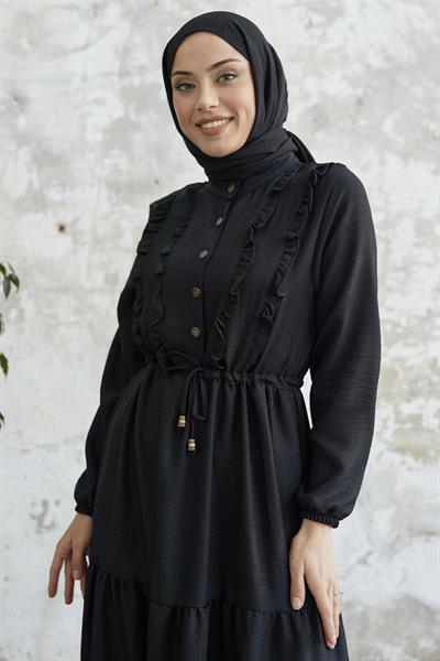 Fırfırlı Detay Düğmeli Siyah Ayrobin Elbise