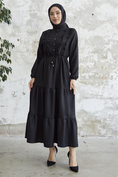Fırfırlı Detay Düğmeli Siyah Ayrobin Elbise