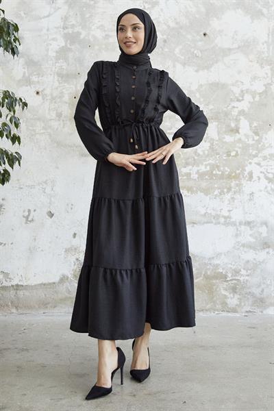 Fırfırlı Detay Düğmeli Siyah Ayrobin Elbise