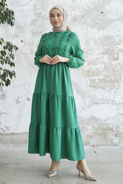 Fırfırlı Detay Düğmeli Yeşil Ayrobin Elbise