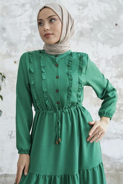 Fırfırlı Detay Düğmeli Yeşil Ayrobin Elbise