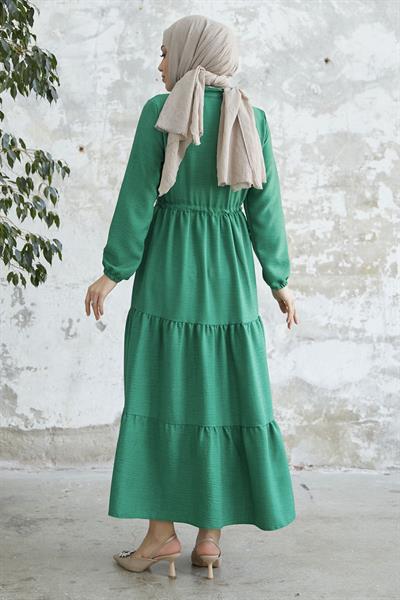 Fırfırlı Detay Düğmeli Yeşil Ayrobin Elbise