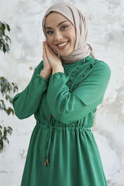 Fırfırlı Detay Düğmeli Yeşil Ayrobin Elbise