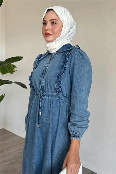 Fırfırlı Detay Tünel Kemerli Açık Mavi Kot Elbise