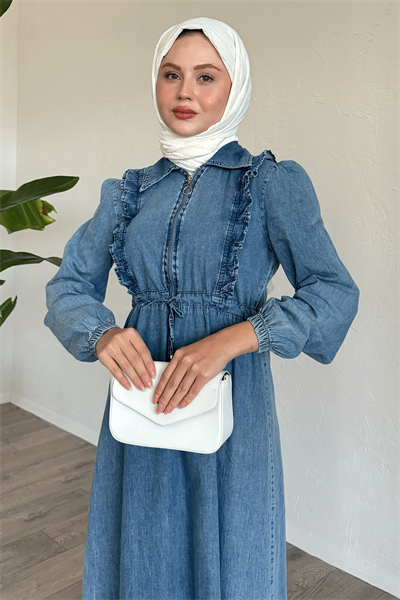 Fırfırlı Detay Tünel Kemerli Açık Mavi Kot Elbise