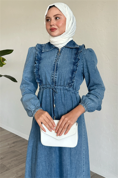 Fırfırlı Detay Tünel Kemerli Açık Mavi Kot Elbise