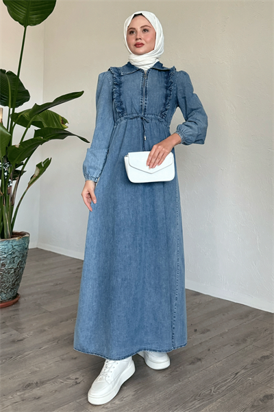 Fırfırlı Detay Tünel Kemerli Açık Mavi Kot Elbise