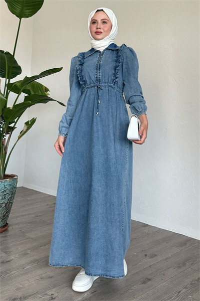 Fırfırlı Detay Tünel Kemerli Açık Mavi Kot Elbise