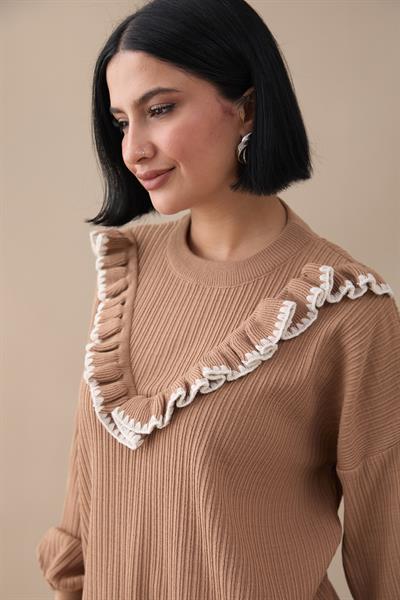 Fırfırlı Dikiş Detay Camel Triko Kazak