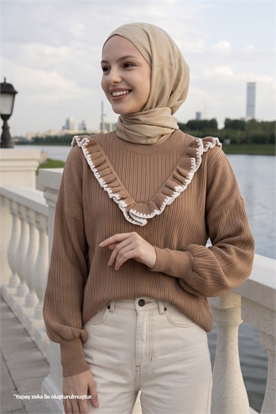 Ruffled Stitch Detail Camel Knit Sweater