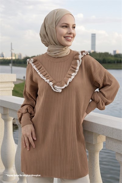 Ruffled Stitch Detail Camel Knit Sweater