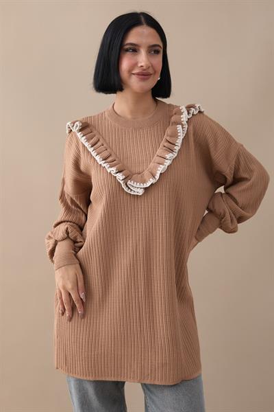 Fırfırlı Dikiş Detay Camel Triko Kazak