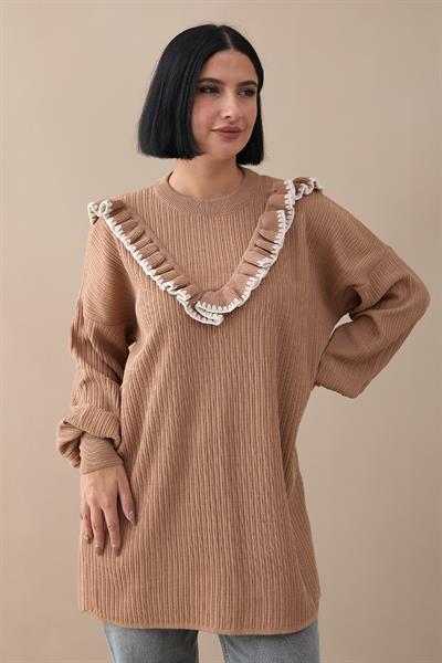Fırfırlı Dikiş Detay Camel Triko Kazak