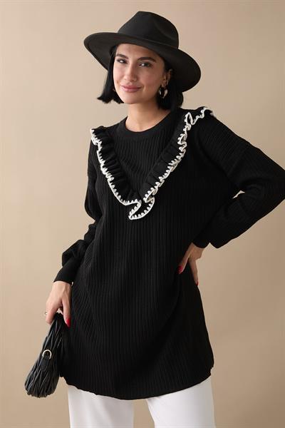 Fırfırlı Dikiş Detay Siyah Triko Kazak
