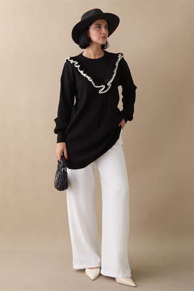 Fırfırlı Dikiş Detay Siyah Triko Kazak