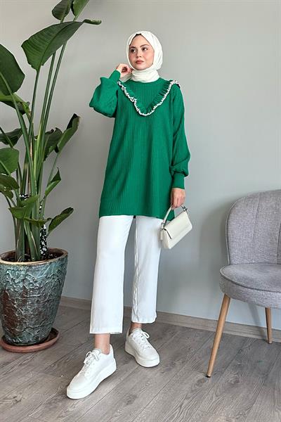 Fırfırlı Dikiş Detay Yeşil Triko Kazak