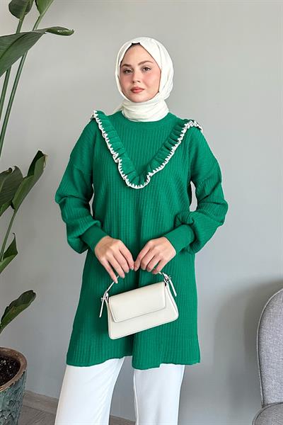Fırfırlı Dikiş Detay Yeşil Triko Kazak