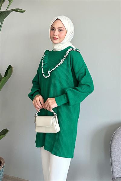 Fırfırlı Dikiş Detay Yeşil Triko Kazak