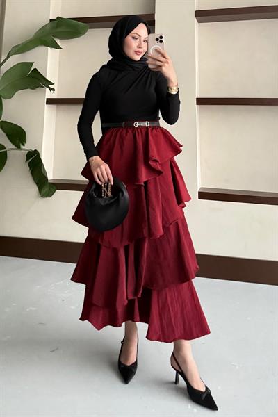 Fırfırlı Kat Kat Uzun Etek Bordo