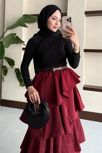 Fırfırlı Kat Kat Uzun Etek Bordo