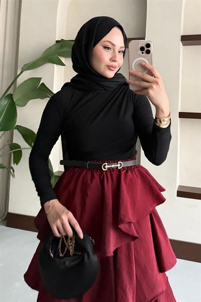 Fırfırlı Kat Kat Uzun Etek Bordo