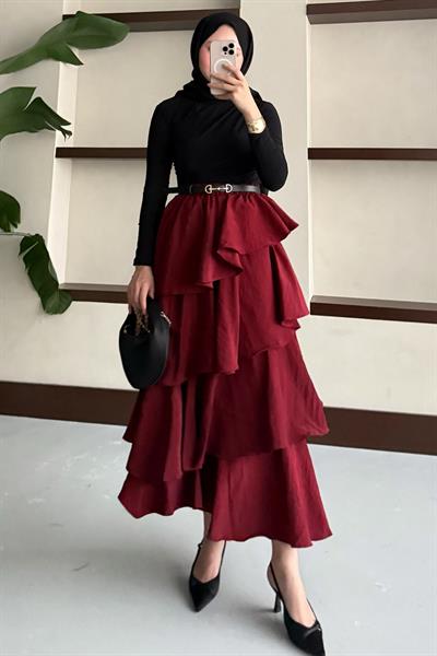 Fırfırlı Kat Kat Uzun Etek Bordo