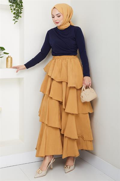 Fırfırlı Kat Kat Uzun Modal Etek Camel