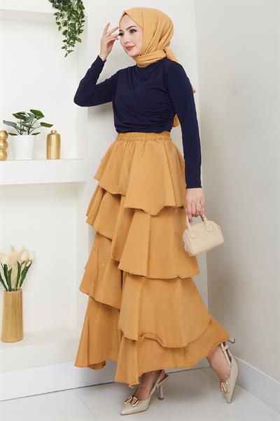 Fırfırlı Kat Kat Uzun Modal Etek Camel