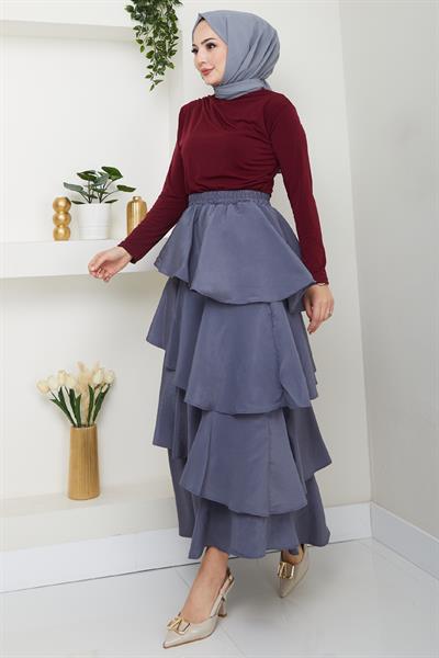 Fırfırlı Kat Kat Uzun Modal Etek Gri