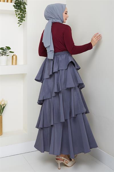 Fırfırlı Kat Kat Uzun Modal Etek Gri