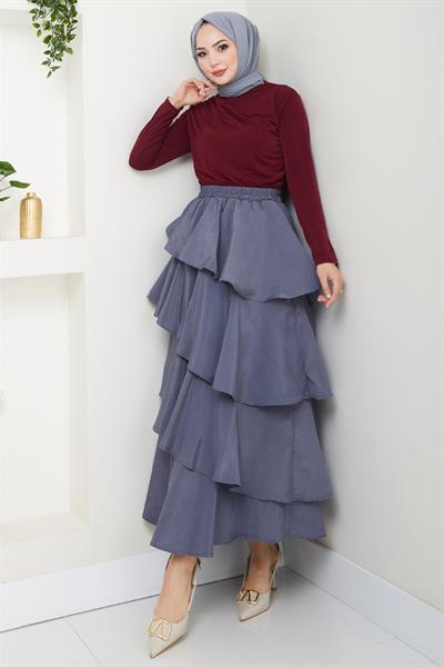Fırfırlı Kat Kat Uzun Modal Etek Gri