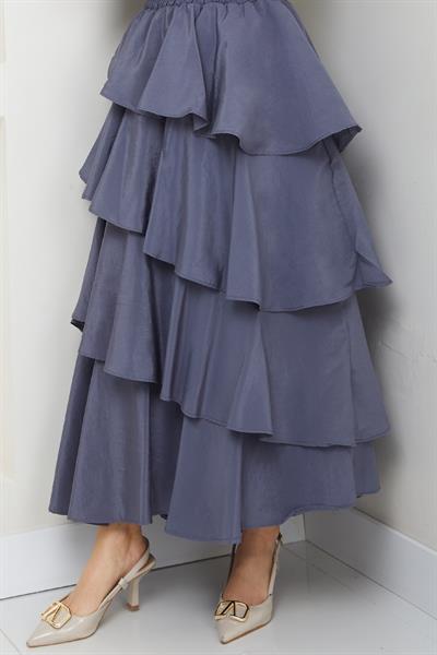 Fırfırlı Kat Kat Uzun Modal Etek Gri