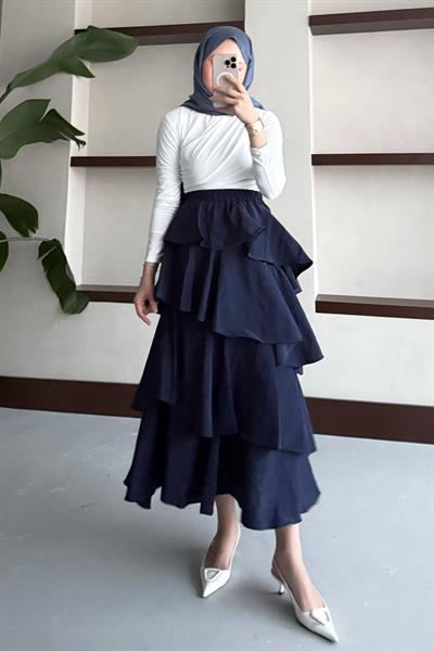 Fırfırlı Kat Kat Uzun Etek Lacivert