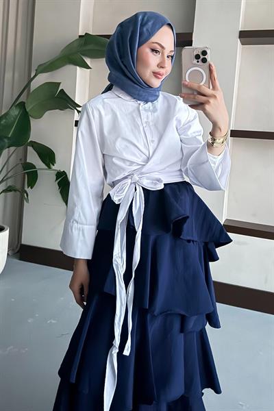 Fırfırlı Kat Kat Uzun Etek Lacivert