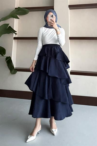 Fırfırlı Kat Kat Uzun Etek Lacivert