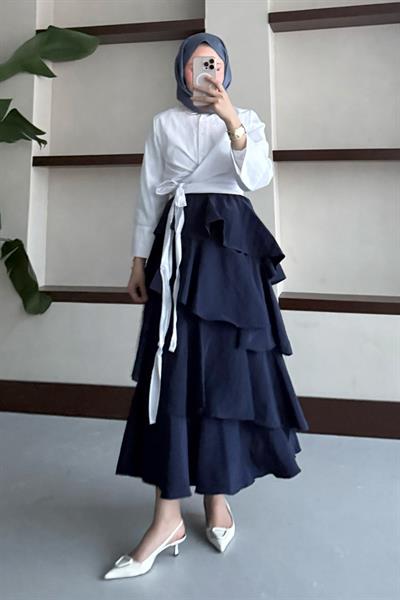 Fırfırlı Kat Kat Uzun Etek Lacivert