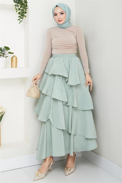 Fırfırlı Kat Kat Uzun Modal Etek Mint
