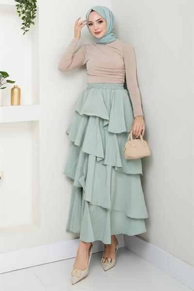 Fırfırlı Kat Kat Uzun Modal Etek Mint
