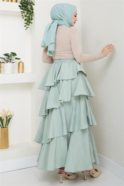 Fırfırlı Kat Kat Uzun Modal Etek Mint