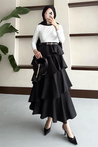 Fırfırlı Kat Kat Uzun Etek Siyah