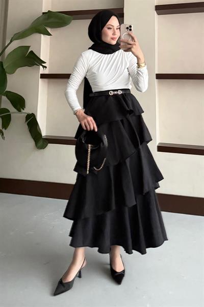 Fırfırlı Kat Kat Uzun Etek Siyah
