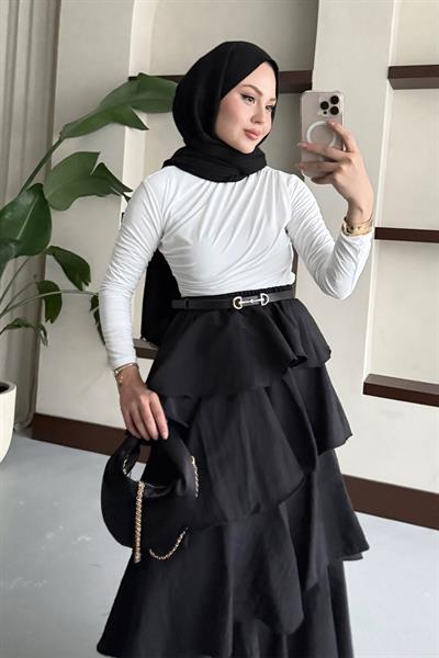 Fırfırlı Kat Kat Uzun Etek Siyah