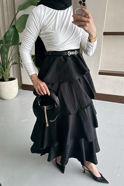 Fırfırlı Kat Kat Uzun Etek Siyah