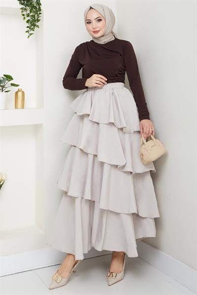 Fırfırlı Kat Kat Uzun Modal Etek Taş