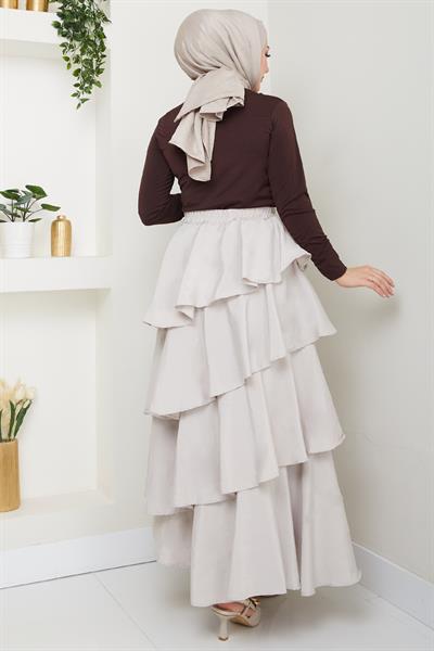 Fırfırlı Kat Kat Uzun Modal Etek Taş