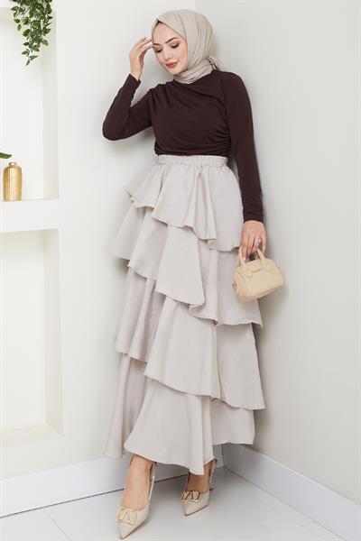 Fırfırlı Kat Kat Uzun Modal Etek Taş