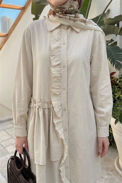 Fırfırlı Patlı Bej Tunik