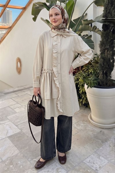 Fırfırlı Patlı Bej Tunik